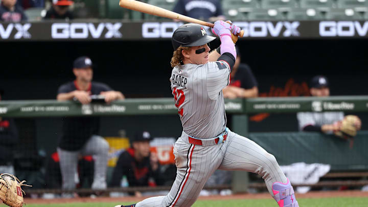 May 14, 2025; Baltimore, Maryland, USA; Minnesota Twins outfielder Harrison Bader (12) hits a double during the sixth inning against the Baltimore Orioles at Oriole Park at Camden Yards. May 14, 2025; Baltimore, Maryland, USA; Minnesota Twins outfielder Harrison Bader (12) hits a double during the sixth inning against the Baltimore Orioles at Oriole Park at Camden Yards.