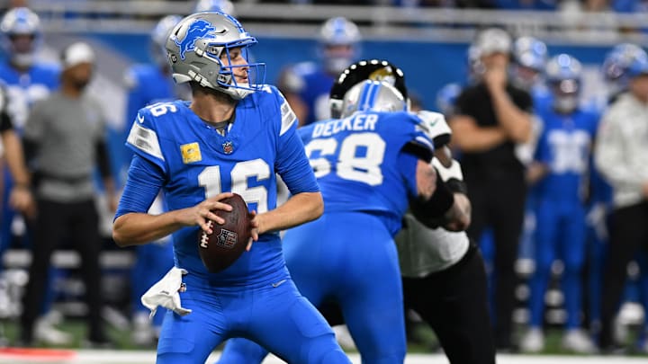 Nov 17, 2024; Detroit, Michigan, USA; Detroit Lions quarterback Jared Goff (16) throws a pass against the Jacksonville Jaguars in the third quarter at Ford Field. Mandatory Credit: Lon Horwedel-Imagn Images