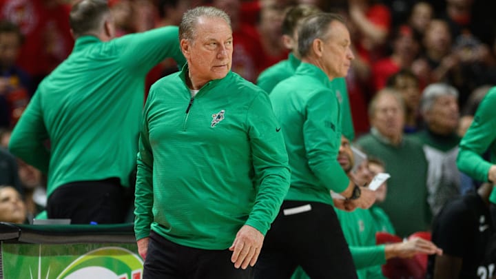 Feb 26, 2025; College Park, Maryland, USA; Michigan State Spartans head coach Tom Izzo reacts during the first half against the Maryland Terrapins at Xfinity Center. Mandatory Credit: Reggie Hildred-Imagn Images