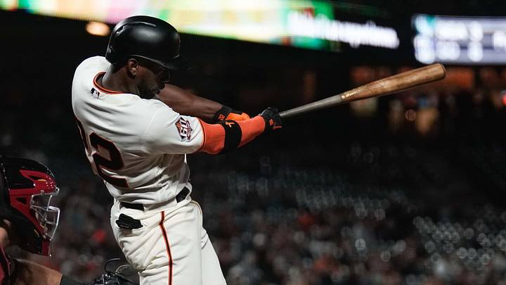 Aug 29, 2018; San Francisco, CA, USA; San Francisco Giants center fielder Andrew McCutchen (22) hits a RBI single against the Arizona Diamondbacks during the eighth inning at AT&T Park. Mandatory Credit: Stan Szeto-USA TODAY Sports Aug 29, 2018; San Francisco, CA, USA; San Francisco Giants center fielder Andrew McCutchen (22) hits a RBI single against the Arizona Diamondbacks during the eighth inning at AT&T Park. Mandatory Credit: Stan Szeto-USA TODAY Sports