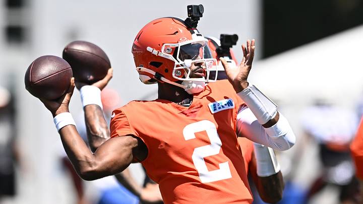 Aug 4, 2026; Berea, OH, USA; Cleveland Browns quarterback Shedeur Sanders (2) throws a pass during training camp at CrossCountry Mortgage Campus. Mandatory Credit: Ken Blaze-Imagn Images