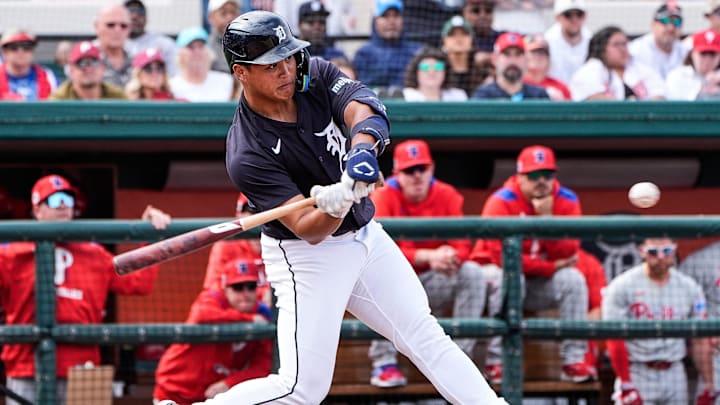 Detroit Tigers infielder Hao-Yu Lee bats against Philadelphia Phillies during the fifth inning of a Grapefruit League game at Joker Marchant Stadium in Lakeland, Fla. on Saturday, Feb. 22, 2025.