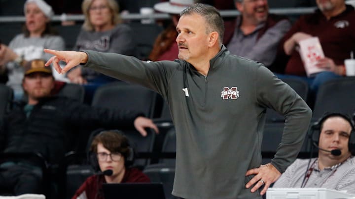 Dec 13, 2023; Starkville, Mississippi, USA; Mississippi State Bulldogs head coach Chris Jans gives