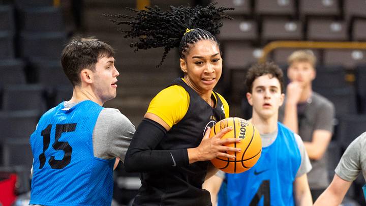 Iowa forward Hannah Stuelke (45) turns toward the hoop during practice March 20, 2026 ahead of the Iowa Hawkeyes’ First Round NCAA Tournament game at Carver-Hawkeye Arena in Iowa City, Iowa.