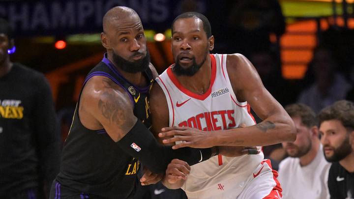 Apr 21, 2026; Los Angeles, California, USA; Los Angeles Lakers forward LeBron James (23) defends Houston Rockets forward Kevin Durant (7) in the first half of game two of the first round of the 2026 NBA Playoffs against the Houston Rockets at Crypto.com Arena. Mandatory Credit: Jayne Kamin-Oncea-Imagn Images Apr 21, 2026; Los Angeles, California, USA; Los Angeles Lakers forward LeBron James (23) defends Houston Rockets forward Kevin Durant (7) in the first half of game two of the first round of the 2026 NBA Playoffs against the Houston Rockets at Crypto.com Arena. Mandatory Credit: Jayne Kamin-Oncea-Imagn Images