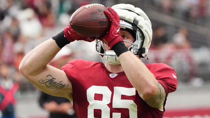 Arizona Cardinals tight end Trey McBride (85) catches a pass during training camp at State Farm Stadium in Glendale, Ariz., on Saturday, Aug. 3, 2024.