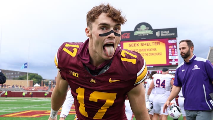 Sep 6, 2025; Minneapolis, Minnesota, USA; Minnesota Golden Gophers defensive back John Nestor (17) celebrates his teams win after the game against the Northwestern State Demons at Huntington Bank Stadium. Mandatory Credit: Matt Krohn-Imagn Images