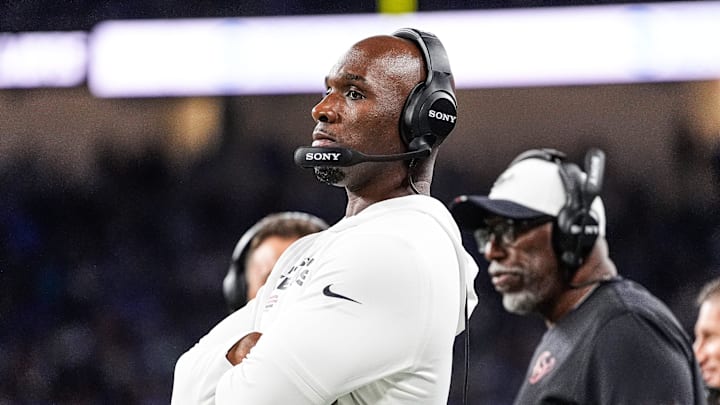 Houston Texans head coach DeMeco Ryans watches a play against Detroit Lions during the second half at Ford Field in Detroit on Saturday, August 23, 2025.