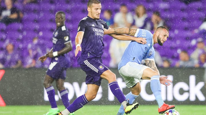 Aug 28, 2022; Orlando, Florida, USA;  Orlando City forward Ercan Kara (9) and New York City FC