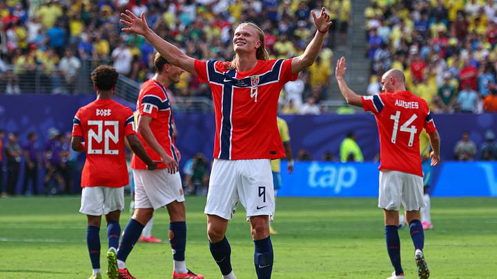 Jul 5, 2026; East Rutherford, New Jersey, USA; Norway forward Erling Haaland (9) celebrates after scoring his teams second goal of the match against Brazil Jul 5, 2026; East Rutherford, New Jersey, USA; Norway forward Erling Haaland (9) celebrates after scoring his teams second goal of the match against Brazil