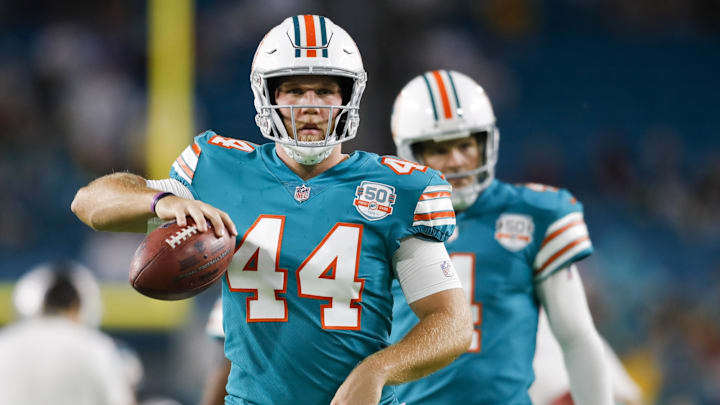 Miami Dolphins long snapper Blake Ferguson (44) walks on the field prior to the game against the Pittsburgh Steelers at Hard Rock Stadium in 2022.