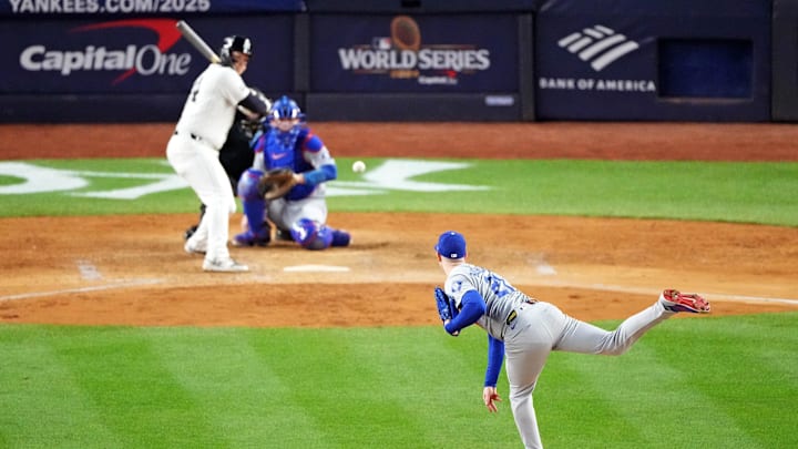 Oct 28, 2024; New York, New York, USA; Los Angeles Dodgers pitcher Walker Buehler (21) pitches during the fifth inning against the New York Yankees in game three of the 2024 MLB World Series at Yankee Stadium. Mandatory Credit: Robert Deutsch-Imagn Images