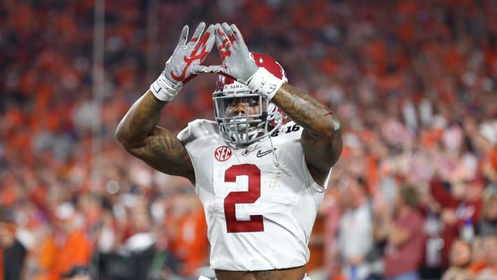 Jan 11, 2016; Glendale, AZ, USA; Alabama Crimson Tide running back Derrick Henry (2) celebrates after rushing for a touchdown against the Clemson Tigers in the 2016 CFP National Championship at University of Phoenix Stadium. Mandatory Credit: Mark J. Rebilas-USA TODAY Sports Jan 11, 2016; Glendale, AZ, USA; Alabama Crimson Tide running back Derrick Henry (2) celebrates after rushing for a touchdown against the Clemson Tigers in the 2016 CFP National Championship at University of Phoenix Stadium. Mandatory Credit: Mark J. Rebilas-USA TODAY Sports