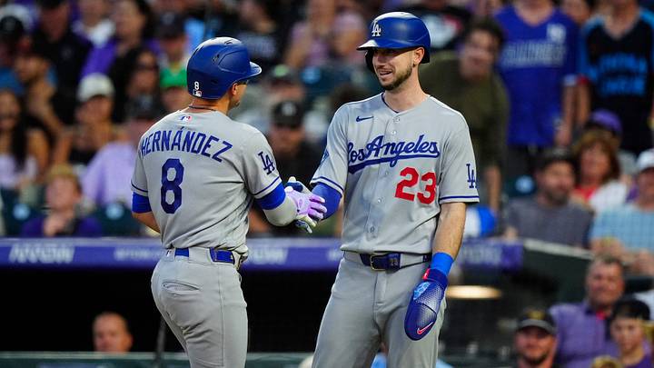 Aug 19, 2026; Denver, Colorado, USA; Los Angeles Dodgers first baseman Enrique Hernandez (8) celebrates his two run home run with right fielder Kyle Tucker (23) in the fourth inning against the Colorado Rockies at Coors Field. Mandatory Credit: Ron Chenoy-Imagn Images Aug 19, 2026; Denver, Colorado, USA; Los Angeles Dodgers first baseman Enrique Hernandez (8) celebrates his two run home run with right fielder Kyle Tucker (23) in the fourth inning against the Colorado Rockies at Coors Field. Mandatory Credit: Ron Chenoy-Imagn Images
