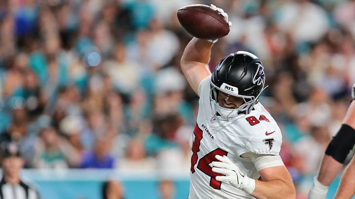 Aug 28, 2026; Miami Gardens, Florida, USA; Atlanta Falcons tight end Jack Velling (84) spikes the football after scoring a touchdown against the Miami Dolphins during the second quarter at Hard Rock Stadium. Mandatory Credit: Sam Navarro-Imagn Images