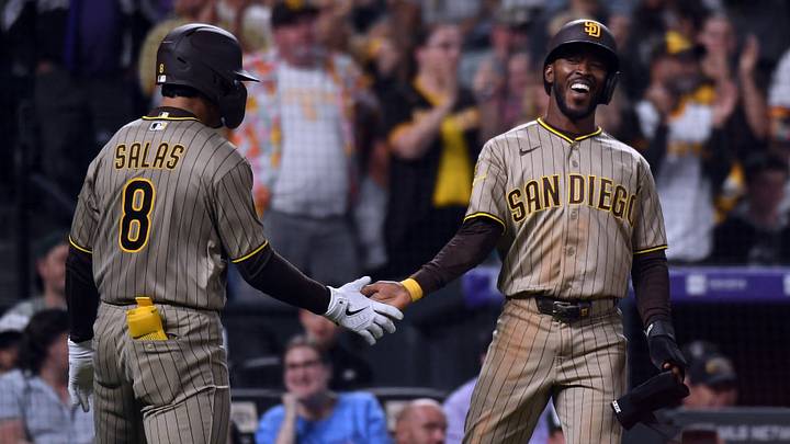 Sep 16, 2026; Denver, Colorado, USA; San Diego Padres catcher Ethan Salas (8) celebrates with outfielder Samad Taylor (0) after a home run in the fifth inning against the Colorado Rockies at Coors Field. Mandatory Credit: Christopher Hanewinckel-Imagn Images Sep 16, 2026; Denver, Colorado, USA; San Diego Padres catcher Ethan Salas (8) celebrates with outfielder Samad Taylor (0) after a home run in the fifth inning against the Colorado Rockies at Coors Field. Mandatory Credit: Christopher Hanewinckel-Imagn Images