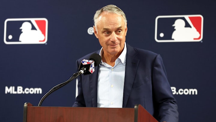 MLB commissioner Rob Manfred talks with media at George M. Steinbrenner Field