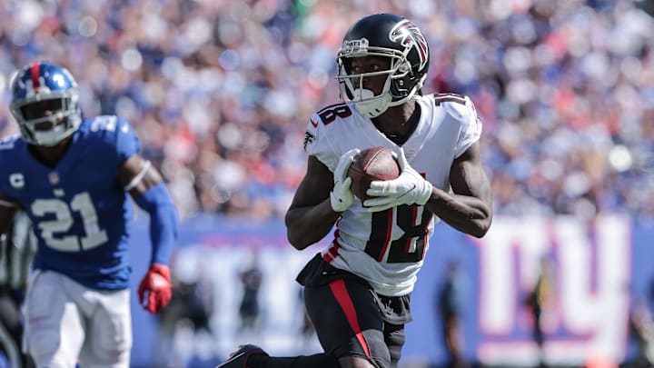 Sep 26, 2021; East Rutherford, New Jersey, USA; Atlanta Falcons wide receiver Calvin Ridley (18). Sep 26, 2021; East Rutherford, New Jersey, USA; Atlanta Falcons wide receiver Calvin Ridley (18).