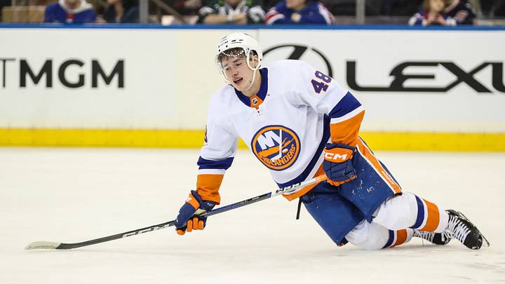 Sep 26, 2023; New York, New York, USA; New York Islanders forward Matthew Maggio (48) attempts to get up after an injury in the first period against the New York Rangers at Madison Square Garden. Mandatory Credit: Wendell Cruz-USA TODAY Sports Sep 26, 2023; New York, New York, USA; New York Islanders forward Matthew Maggio (48) attempts to get up after an injury in the first period against the New York Rangers at Madison Square Garden. Mandatory Credit: Wendell Cruz-USA TODAY Sports