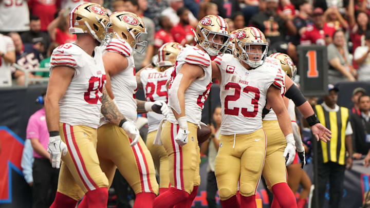Oct 26, 2025; Houston, Texas, USA; The San Francisco 49ers celebrate a touchdown during the second half against the Houston Texans at NRG Stadium. Mandatory Credit: Sean Thomas-Imagn Images Oct 26, 2025; Houston, Texas, USA; The San Francisco 49ers celebrate a touchdown during the second half against the Houston Texans at NRG Stadium. Mandatory Credit: Sean Thomas-Imagn Images
