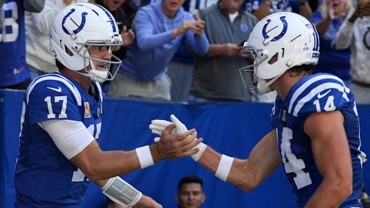Oct 12, 2025; Indianapolis, Indiana, USA; Indianapolis Colts quarterback Daniel Jones (17) celebrates with wide receiver Alec Pierce (14) after Jones scores a touchdown during a game against the Arizona Cardinals at Lucas Oil Stadium. Mandatory Credit: Christine Tannous-USA TODAY Network via Imagn Images Oct 12, 2025; Indianapolis, Indiana, USA; Indianapolis Colts quarterback Daniel Jones (17) celebrates with wide receiver Alec Pierce (14) after Jones scores a touchdown during a game against the Arizona Cardinals at Lucas Oil Stadium. Mandatory Credit: Christine Tannous-USA TODAY Network via Imagn Images
