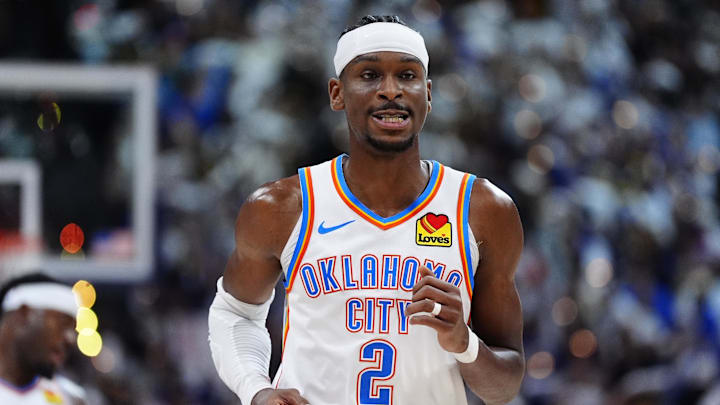 May 9, 2025; Denver, Colorado, USA; Oklahoma City Thunder guard Shai Gilgeous-Alexander (2) during the second half against the Denver Nuggets during game three of the second round for the 2025 NBA Playoffs at Ball Arena. Mandatory Credit: Ron Chenoy-Imagn Images