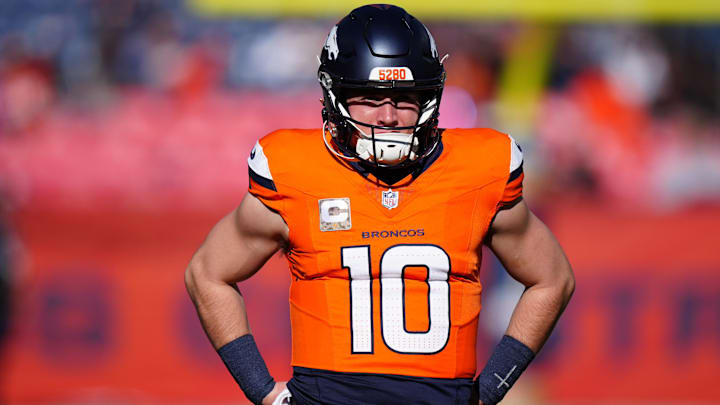 Nov 17, 2024; Denver, Colorado, USA; Denver Broncos quarterback Bo Nix (10) before the game against the Atlanta Falcons at Empower Field at Mile High. 