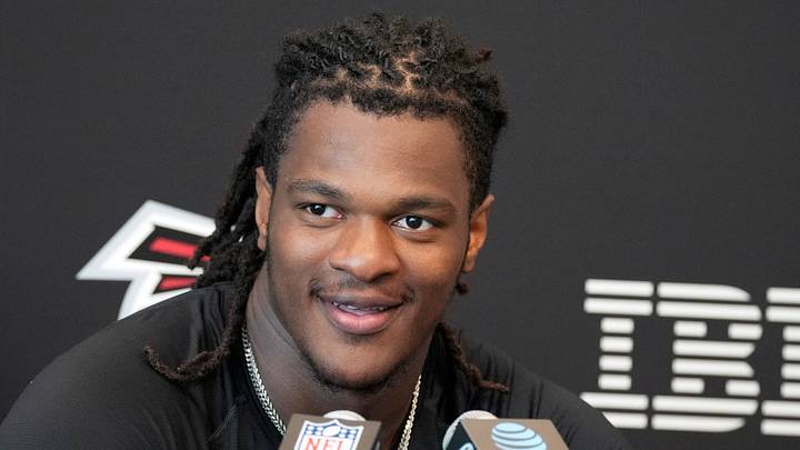 Jul 30, 2026; Atlanta, Falcons, USA; Atlanta Falcons linebacker Kendal Daniels (53) meets with the media during training camp at IBM Performance Field. Mandatory Credit: Dale Zanine-Imagn Images