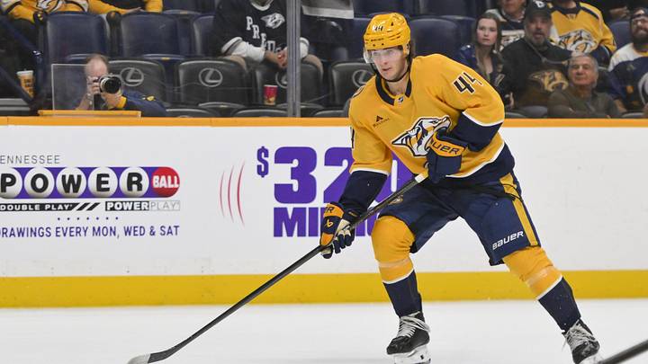 Oct 21, 2025; Nashville, Tennessee, USA; Nashville Predators center Brady Martin (44) skates with the puck against the Anaheim Ducks during the third period at Bridgestone Arena. Mandatory Credit: Steve Roberts-Imagn Images Oct 21, 2025; Nashville, Tennessee, USA; Nashville Predators center Brady Martin (44) skates with the puck against the Anaheim Ducks during the third period at Bridgestone Arena. Mandatory Credit: Steve Roberts-Imagn Images