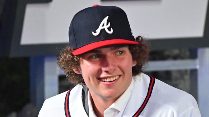 Jul 17, 2022; Los Angeles, CA, USA;  JR Ritchie wears his jersey after he was selected by the Atlanta Braves as the 35th pick of the MLB draft at XBox Plaza at LA Live. Mandatory Credit: Jayne Kamin-Oncea-Imagn Images