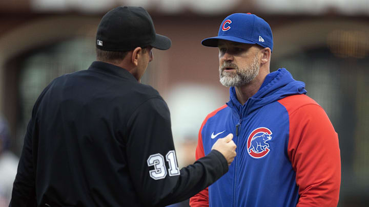 Jun 9, 2023; San Francisco, California, USA; Home plate umpire Pat Hoberg (31) talks to Chicago Cubs manager David Ross (3) during the first inning against the San Francisco Giants at Oracle Park. Mandatory Credit: D. Ross Cameron-Imagn Images
