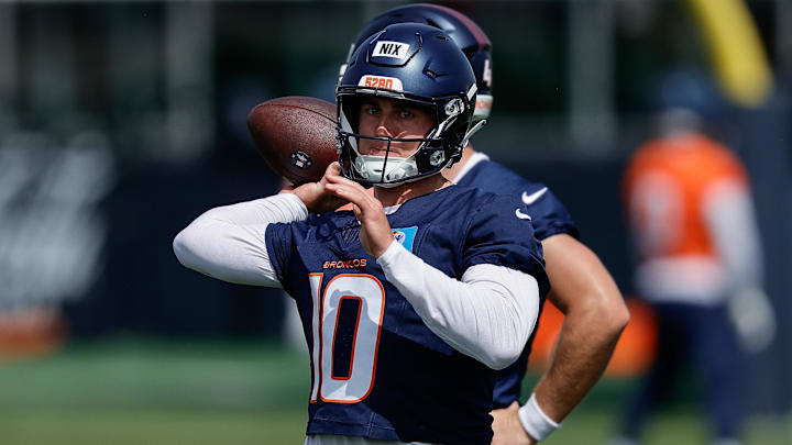 Jul 24, 2025; Englewood, CO, USA; Denver Broncos quarterback Bo Nix (10) during Denver Broncos Training Camp. Mandatory Credit: Isaiah J. Downing-Imagn Images
