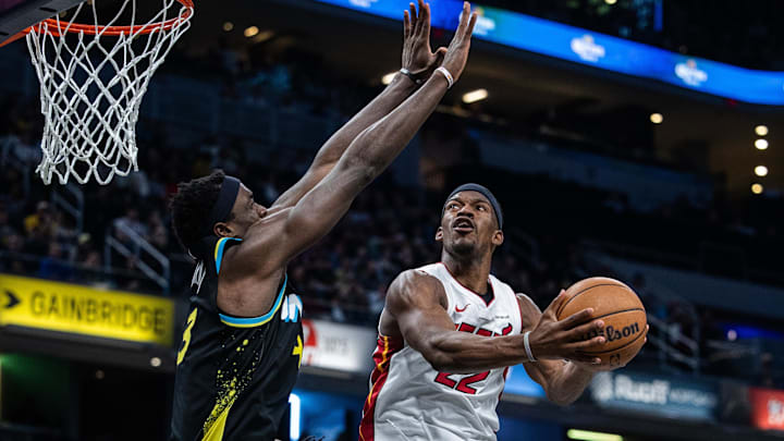 Apr 7, 2024; Indianapolis, Indiana, USA; Miami Heat forward Jimmy Butler (22) shoots the ball; Credit: Trevor Ruszkowski-USA TODAY Sports