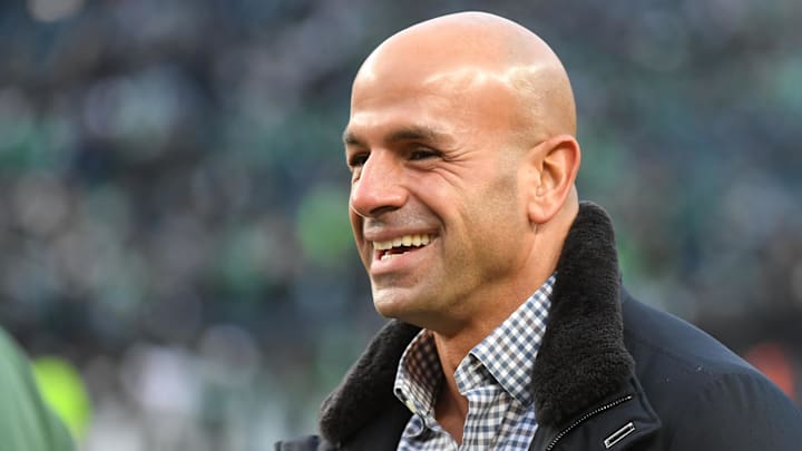 Jan 12, 2025; Philadelphia, Pennsylvania, USA; Green Bay Packers offensive consultant Robert Saleh on the sidelines during warmups against the Philadelphia Eagles in an NFC wild card game at Lincoln Financial Field. Mandatory Credit: Eric Hartline-Imagn Images