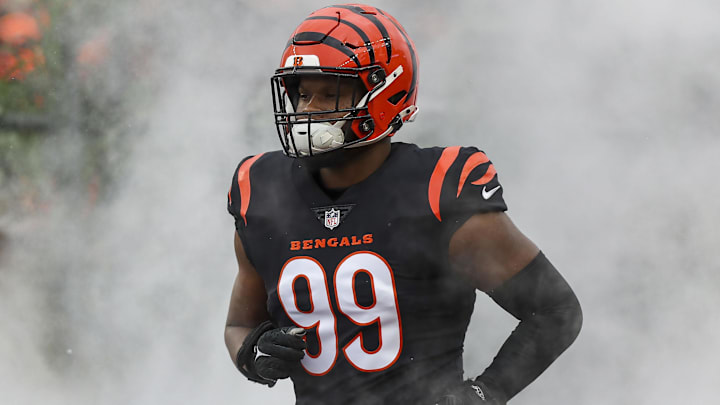 Jan 7, 2024; Cincinnati, Ohio, USA; Cincinnati Bengals defensive end Myles Murphy (99) runs onto the field before the game against the Cleveland Browns at Paycor Stadium. Mandatory Credit: Katie Stratman-Imagn Images