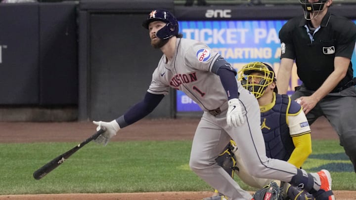 Houston Astros second baseman Brendan Rodgers (1) hits a three-run home run during the seventh inning of their game against the Milwaukee Brewers Tuesday, May 6, 2025 at American Family Field in Milwaukee, Wisconsin.