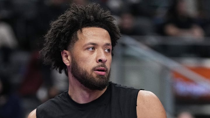 Nov 15, 2024; Toronto, Ontario, CAN; Detroit Pistons guard Cade Cunningham (2) wearing the Emirate NBA Cup shirt warms up against the Toronto Raptors during the pregame warmup at Scotiabank Arena. Mandatory Credit: Nick Turchiaro-Imagn Images