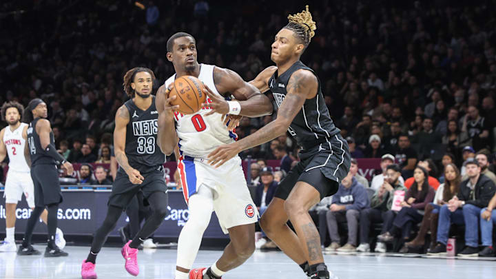 Nov 7, 2025; Brooklyn, New York, USA; Detroit Pistons center Jalen Duren (0) looks to drive past Brooklyn Nets forward Noah Clowney (21) in the second quarter at Barclays Center. Mandatory Credit: Wendell Cruz-Imagn Images Nov 7, 2025; Brooklyn, New York, USA; Detroit Pistons center Jalen Duren (0) looks to drive past Brooklyn Nets forward Noah Clowney (21) in the second quarter at Barclays Center. Mandatory Credit: Wendell Cruz-Imagn Images