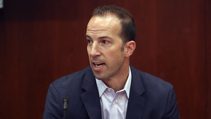 Jul 2, 2019; Arlington, TX, USA; Los Angeles Angels general manager Billy Eppler speaks during a press conference about the death of pitcher Tyler Skaggs before the game against the Texas Rangers at Globe Life Park in Arlington. Mandatory Credit: Kevin Jairaj-Imagn Images Jul 2, 2019; Arlington, TX, USA; Los Angeles Angels general manager Billy Eppler speaks during a press conference about the death of pitcher Tyler Skaggs before the game against the Texas Rangers at Globe Life Park in Arlington. Mandatory Credit: Kevin Jairaj-Imagn Images