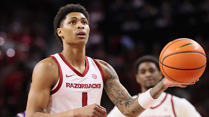 Arkansas Razorbacks guard Meleek Thomas (1) shoots a free throw int he first half against the James Madison Dukes at Bud Walton Arena in Fayetteville, Ark.