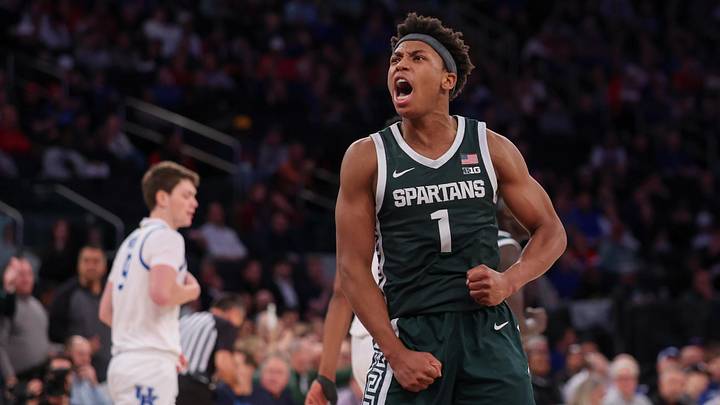 Nov 18, 2025; New York, New York, USA; Michigan State Spartans guard Jeremy Fears Jr. (1) reacts during the second half against the Kentucky Wildcats at Madison Square Garden. Mandatory Credit: Vincent Carchietta-Imagn Images Nov 18, 2025; New York, New York, USA; Michigan State Spartans guard Jeremy Fears Jr. (1) reacts during the second half against the Kentucky Wildcats at Madison Square Garden. Mandatory Credit: Vincent Carchietta-Imagn Images