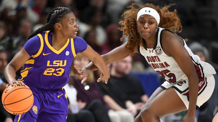 MiLaysia Fulwiley (left) scored 24 points off the bench in the SEC tournament semifinals on Saturday, but it was not enough for LSU to take down rival South Carolina. 