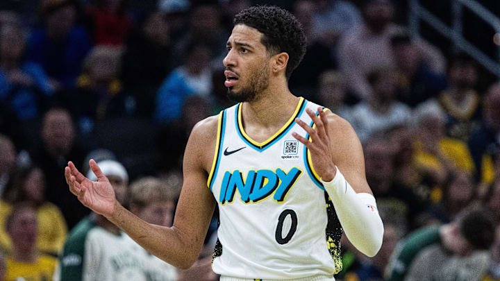 Dec 31, 2024; Indianapolis, Indiana, USA; Indiana Pacers guard Tyrese Haliburton (0) reacts to a call  in the first half against the Milwaukee Bucks at Gainbridge Fieldhouse. Mandatory Credit: Trevor Ruszkowski-Imagn Images
