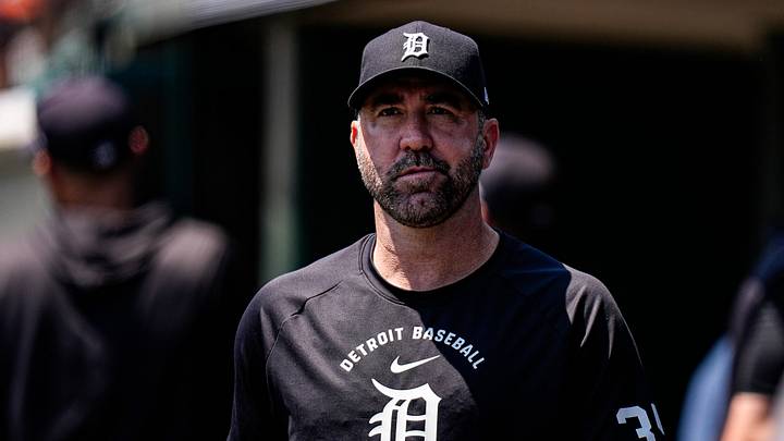 Detroit Tigers pitcher Justin Verlander in the dugout during the fourth inning between Detroit Tigers and Philadelphia Phillies at Comerica Park in Detroit on Sunday, July 12, 2026. Detroit Tigers pitcher Justin Verlander in the dugout during the fourth inning between Detroit Tigers and Philadelphia Phillies at Comerica Park in Detroit on Sunday, July 12, 2026.