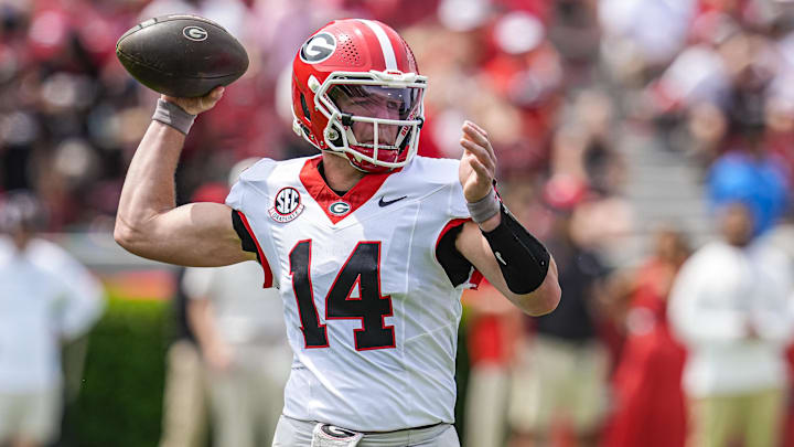 Apr 18, 2026; Athens, GA, USA; Georgia Bulldogs quarterback Gunner Stockton (14) passes the ball during the Georgia Spring football game at Sanford Stadium. Mandatory Credit: Dale Zanine-Imagn Images
