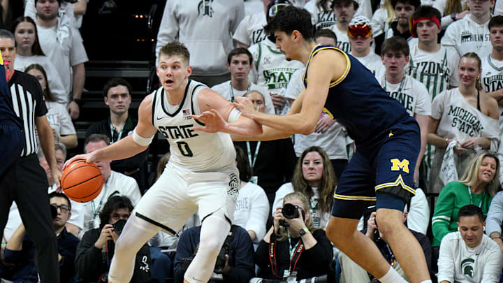 Jan 30, 2026; East Lansing, Michigan, USA; Michigan State Spartans forward Jaxon Kohler (0) dribbles against Michigan Wolverines center Aday Mara (15) during the first half at Jack Breslin Student Events Center. Mandatory Credit: Dale Young-Imagn Images Jan 30, 2026; East Lansing, Michigan, USA; Michigan State Spartans forward Jaxon Kohler (0) dribbles against Michigan Wolverines center Aday Mara (15) during the first half at Jack Breslin Student Events Center. Mandatory Credit: Dale Young-Imagn Images