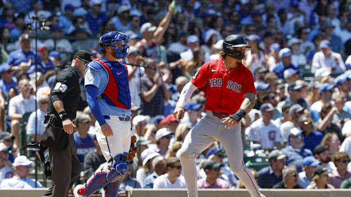 Jul 18, 2025; Chicago, Illinois, USA; Boston Red Sox left fielder Jarren Duran (16) scores against the Chicago Cubs during the third inning at Wrigley Field. Mandatory Credit: Kamil Krzaczynski-Imagn Images Jul 18, 2025; Chicago, Illinois, USA; Boston Red Sox left fielder Jarren Duran (16) scores against the Chicago Cubs during the third inning at Wrigley Field. Mandatory Credit: Kamil Krzaczynski-Imagn Images