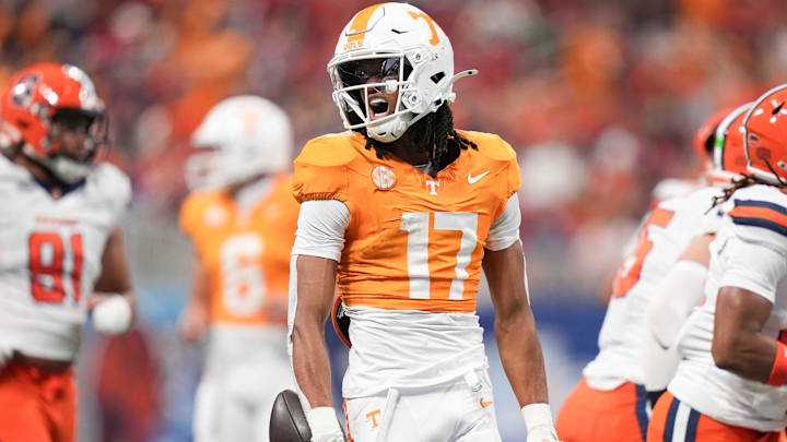 Tennessee wide receiver Chris Brazzell II (17) celebrates a play during the Aflac Kickoff Game between the Volunteers and Syracuse held at Mercedes-Benz Stadium in Atlanta, Ga., on August 30, 2025.