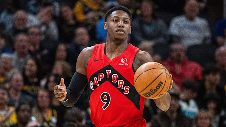 Feb 26, 2025; Indianapolis, Indiana, USA; Toronto Raptors guard RJ Barrett (9) dribbles the ball in the first half against the Indiana Pacers at Gainbridge Fieldhouse. Mandatory Credit: Trevor Ruszkowski-Imagn Images