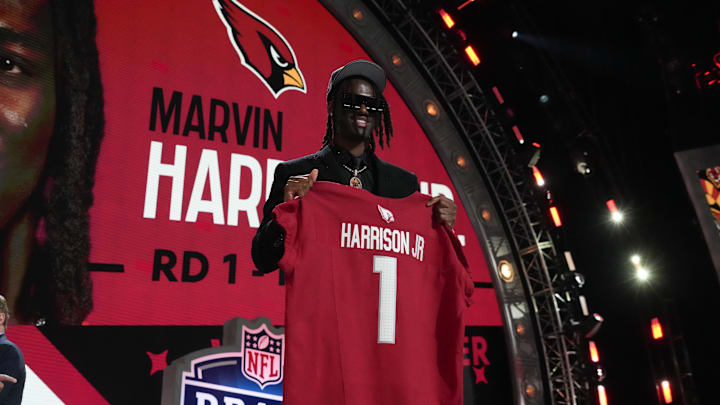 Apr 25, 2024; Detroit, MI, USA; Ohio State Buckeyes wide receiver Marvin Harrison Jr. poses after Apr 25, 2024; Detroit, MI, USA; Ohio State Buckeyes wide receiver Marvin Harrison Jr. poses after